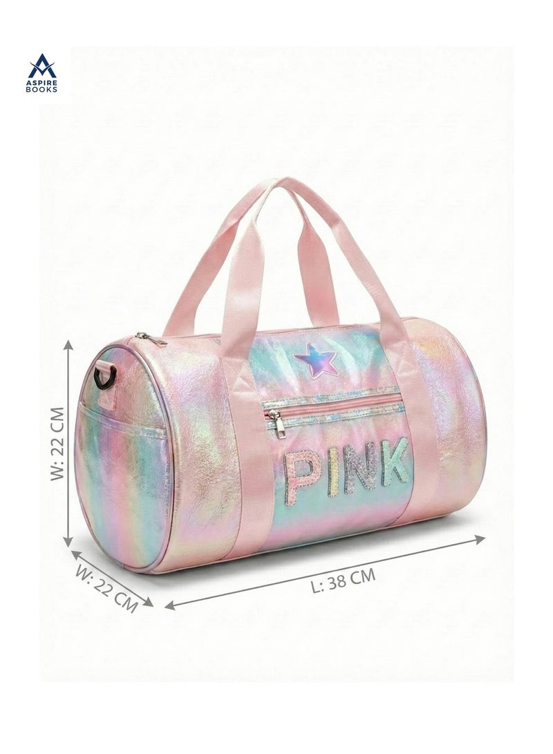 Aspire Books Kids Holographic Duffle Bag with Coin Pouch – Iridescent Travel Weekender & Dance Bag for Girls – Glitter "PINK" Lettering, Star Patch, and Adjustable Strap – Perfect for Shopping, Outings, and Sleepovers (Pink/Rainbow) - Image 4